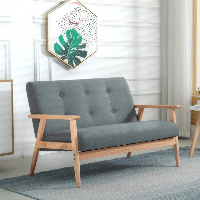 MIVRAY 2-Zitsbank 115 x 66,5 x 73 Cm - Compact Loveseat Met Geknoopte Rugleuning - Voor Woonkamer En Kleine Ruimtes - Linnen - Grijs