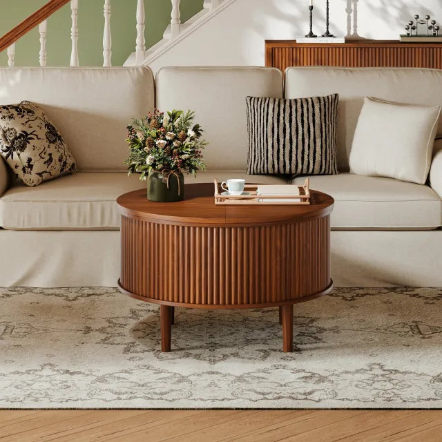 MODENUIT Salontafel - Rond Tafelblad Met Klep - Opbergvak Voor De Woonkamer - Spaanplaat Bruin - 80x80x50 Cm