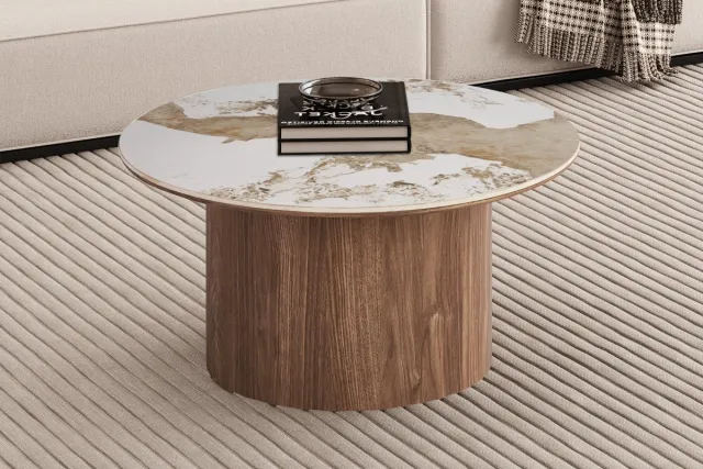 Rousseau Evora Ronde Salontafel – Ø80 x H40 cm – Glanzend Stenen Blad met Goudbruine Marmerlook – Houtlook