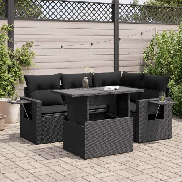 vidaXL 5-delige Loungeset met kussens poly rattan zwart, foto 2