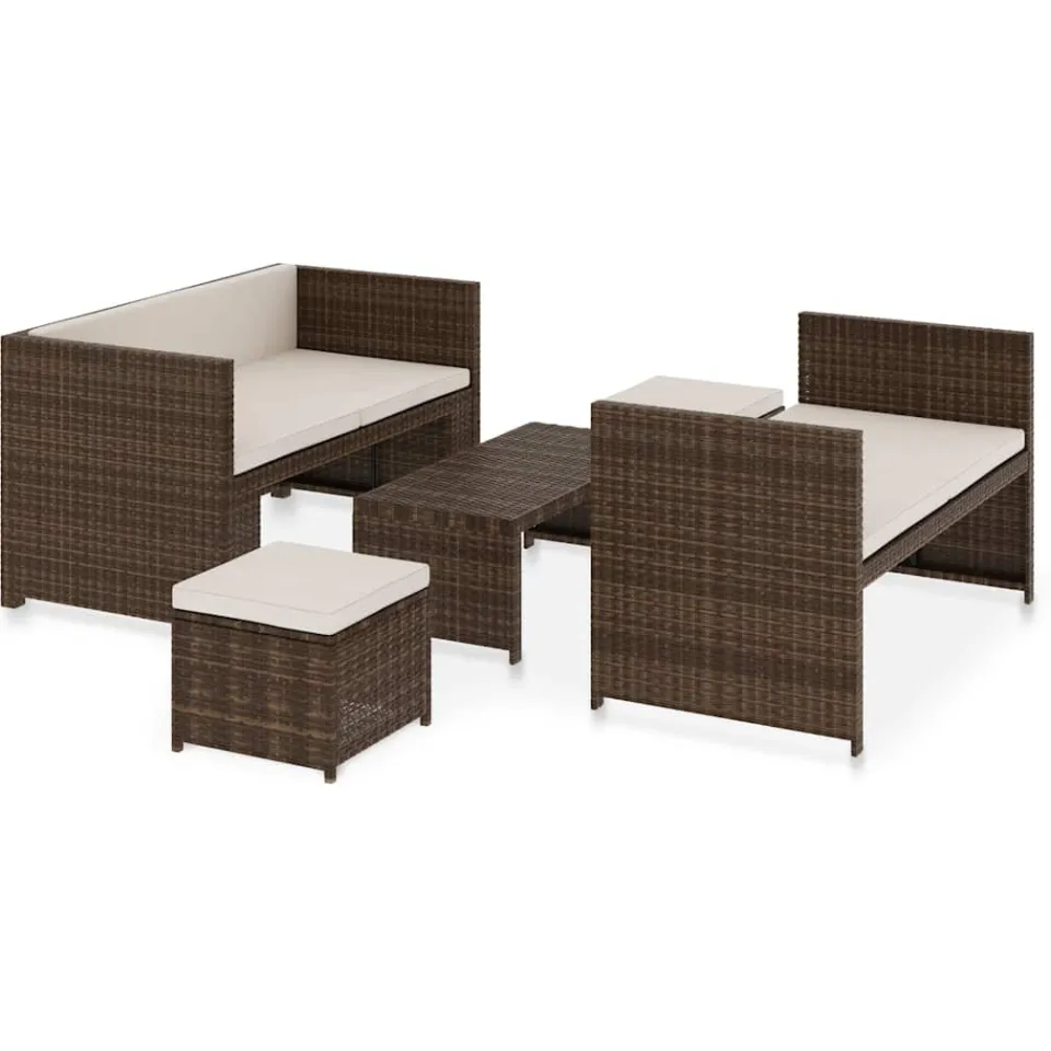 vidaXL 5-delige Loungeset met kussens poly rattan bruin, foto 3