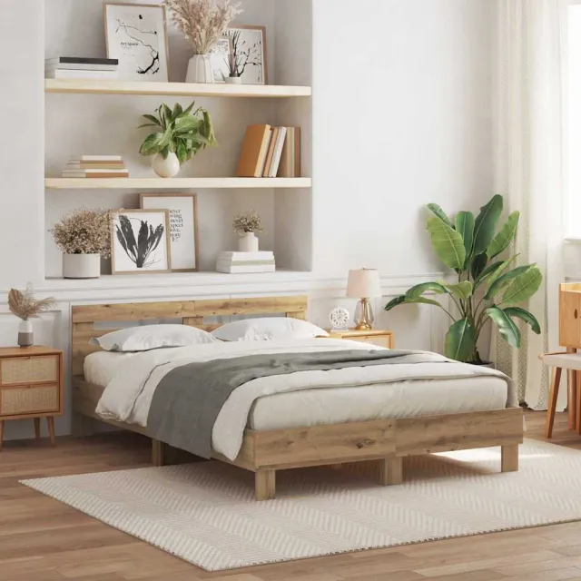 vidaXL Bedframe met hoofdeinde Artisan Eiken 140 x 200 cm Bewerkt hout Bruin