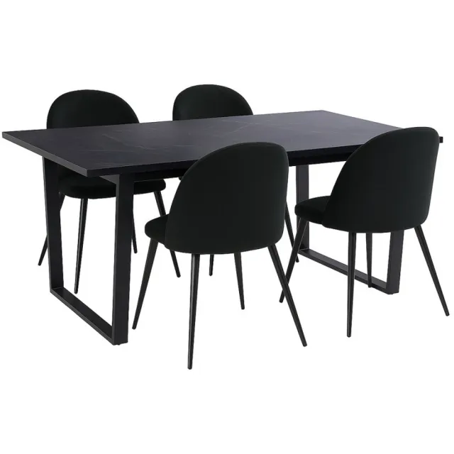 Actona Tilst eethoek eettafel zwarte marmerprint 90x160 4 stoelen velours zwart.