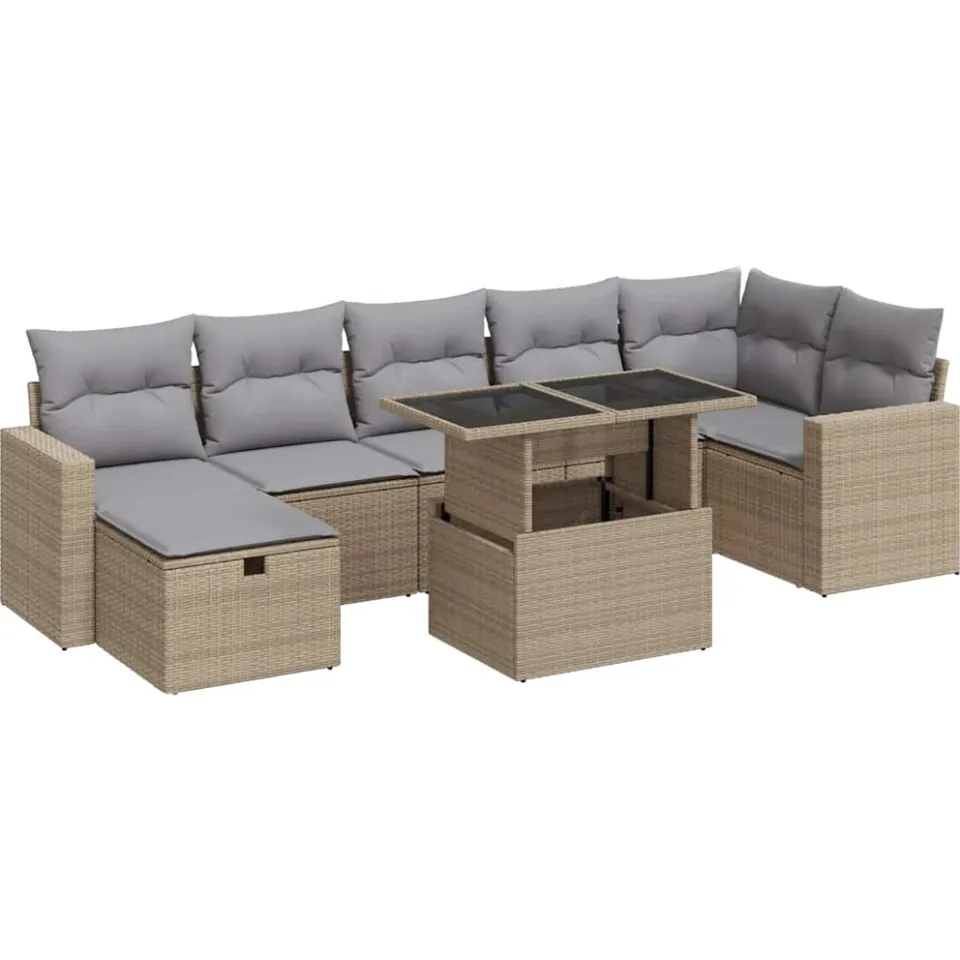 vidaXL 8-delige Loungeset met kussens poly rattan beige, foto 3