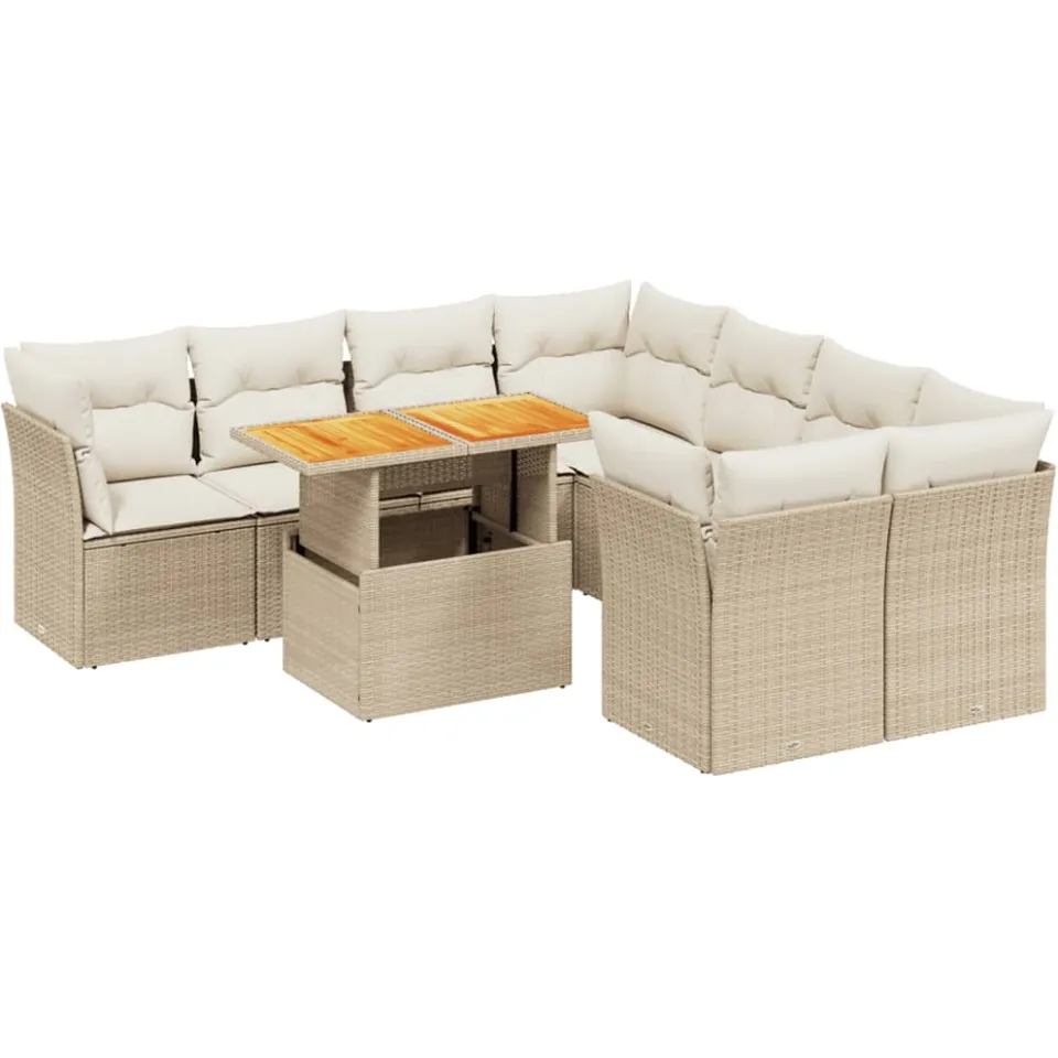 vidaXL 9-delige Loungeset met kussens poly rattan beige, foto 3
