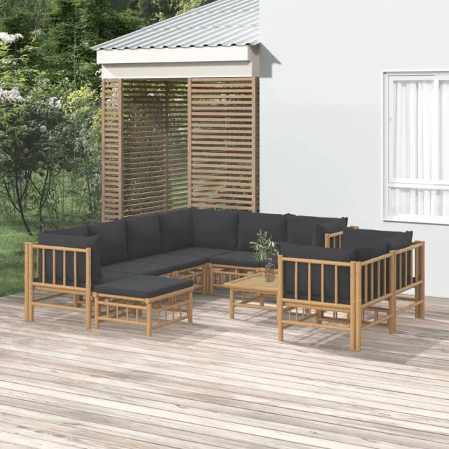 vidaXL 10-delige Loungeset met kussens bamboe donkergrijs bruin