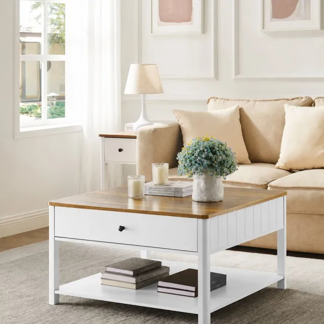 House of Balance Salontafel Vierkant- Houten Koffietafel - Bijzettafel - Salontafel met Lades - 80x80x45 cm - Ruimte Besparend Wit