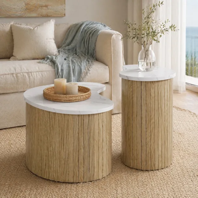 MEUNIQ salontafel set van 2 - organische marmerlook en houtlook - 60 x 37 x 38 cm en 40 x 25 x 50 cm - woonkamer - Naturel en Wit