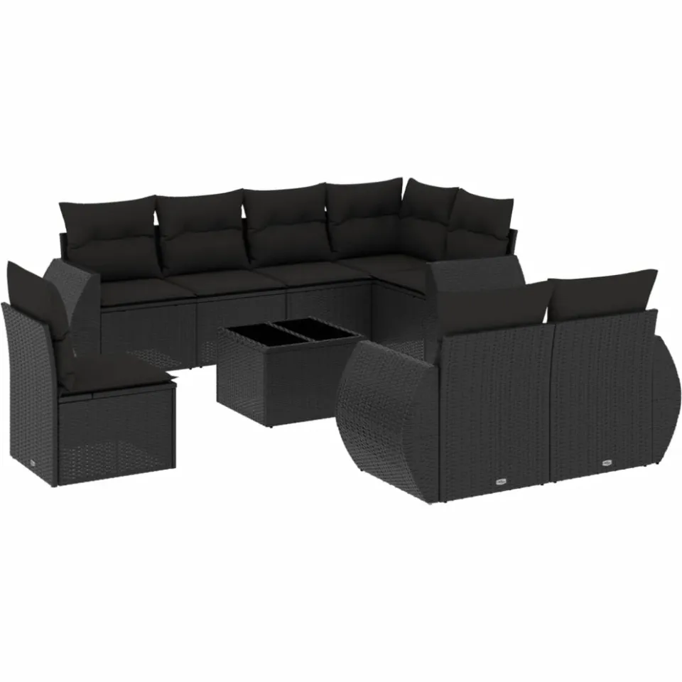 vidaXL 9-delige Loungeset met kussens poly rattan zwart