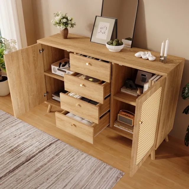 OKWISH Dressoir Met Rotanlook En Opbergruimte 140×40×86 Cm 4 Laden 2 Deuren Verstelbare Planken Voor Woonkamer Eetkamer Hal Hout Licht Eiken