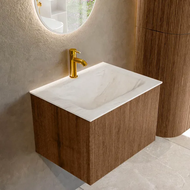 Mondiaz KURVE-DLUX 60 cm Onderkast Greeploos 1 Lade Zonder Deuren Walnut, Wastafel Solid Surface Midden Ostra 1 Kraangat Zonder Spiegel (KRVCLO601L0D1KM-Wal/Ost)