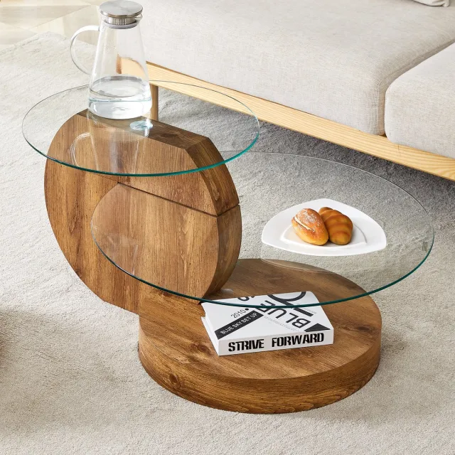 MIVRAY Salontafel - Gehard Glazen Blad Met Meerlagige Opbergruimte - Voor Woonkamer - MDF En Houtlook - Transparant