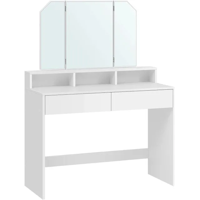 Brandistry Kaptafel - Make Up tafel - Kaptafel met Opvouwbare Spiegel - Wit - Met Opberglades en Opbergvakken - 100x40x142 cm
