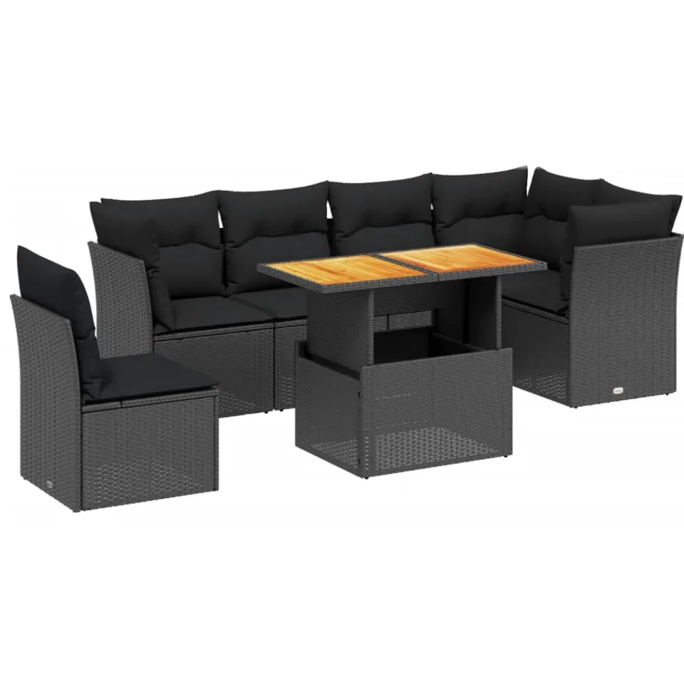 vidaXL 7-delige Loungeset met kussens poly rattan zwart, foto 4