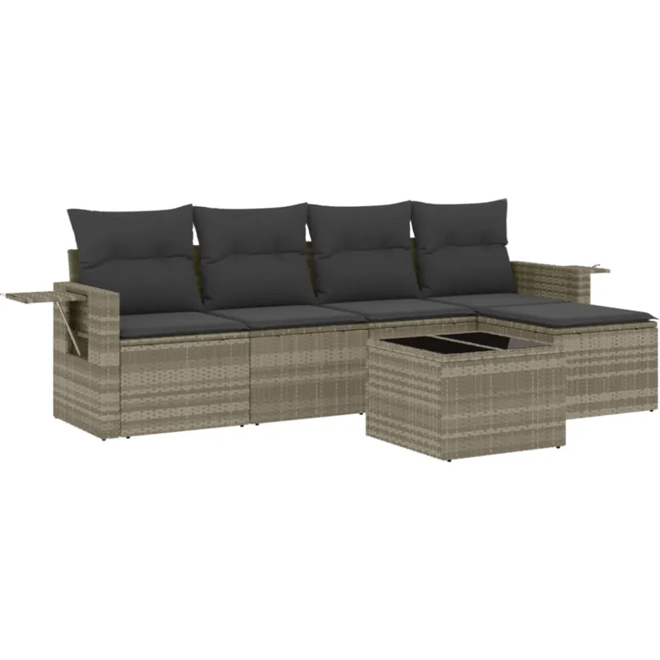 vidaXL 6-delige Loungeset met kussens poly rattan lichtgrijs grijs