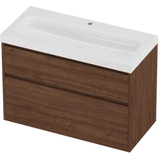 Proline Haga Badmeubelset Polystone Mezza 1 Gat 100x46x73 cm Glans Wit Indian Walnut Houtlook