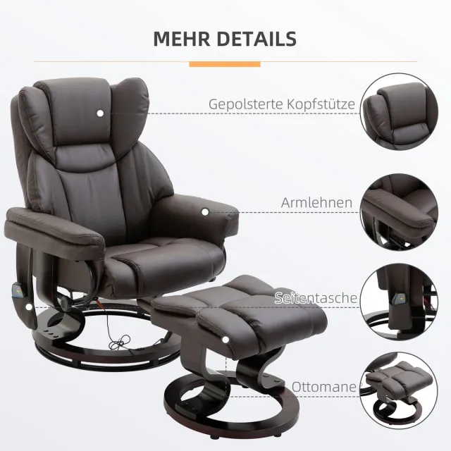HAUSS SPOLE Relaxfauteuil Massagestoel Met Voetbank En Ligfunctie Voor Ontspanning En Woonkamer Kunstleer Bruin 360 Graden Draaibaar