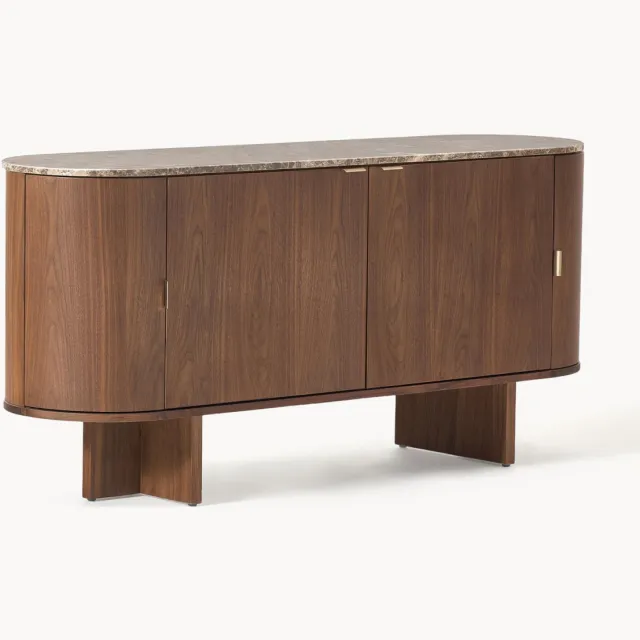 Westwing Collection Houten dressoir Zumi met afgeronde hoeken en marmeren blad Bruin