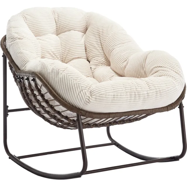 MUVANO Rotan Schommelstoel - Ei Stoel - Tuin Relaxstoel - Oversized - Handgeweven - Staal - Weerbestendig - Kussen - Tuin - 78x106x90cm - 1 Stuk - Wit Beige