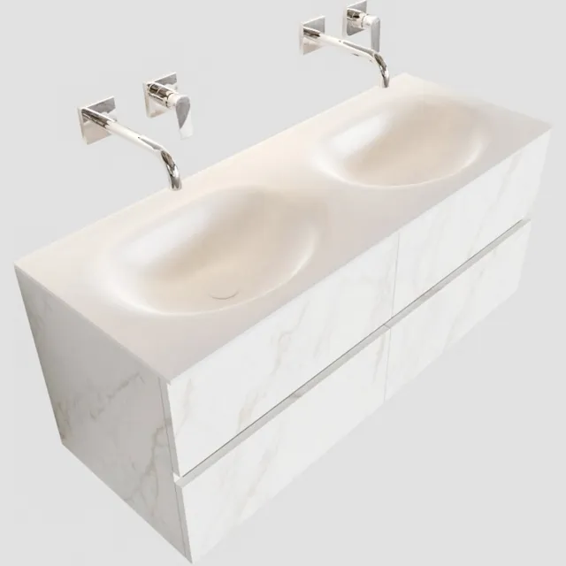 Boss & Wessing Badkamermeubel BWS Valencia Carrara Mat 120 cm Solid Surface Wastafel Dubbel (0 kraangaten, 4 lades)