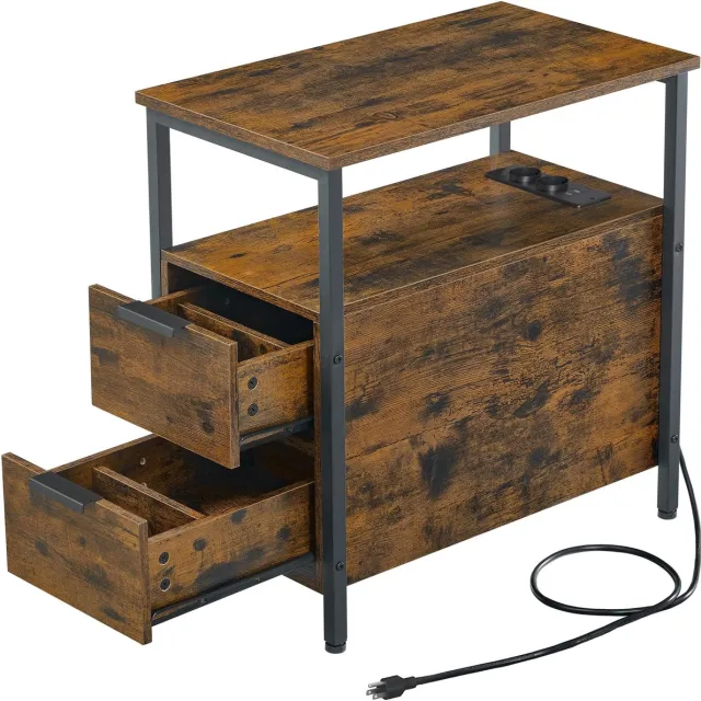 Famanu Bijzettafel met stekkerdoos, nachtkastje met 2 laden, ideaal voor naast het bed of de bank Zwart