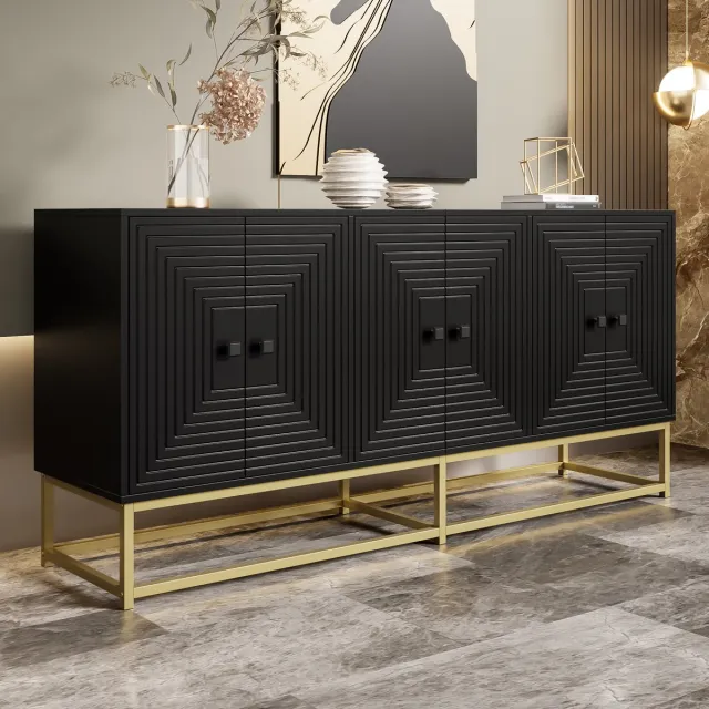 HAUSS SPOLE Dressoir – Opbergkast Met Reliëfdeuren – 3 Dubbele Deuren Ruime Opbergruimte – Voor Woonkamer En Kantoor – Spaanplaat – 160x38x75,5 cm – Zwart