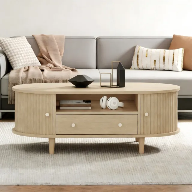 Clruro Salontafel - 100x50x36 cm - Met Lade En Open Opbergruimte - Roldeur - MDF - Houtkleur Eik