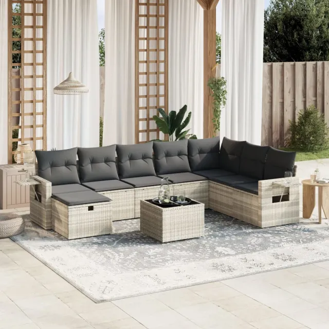 vidaXL 9-delige Loungeset met kussens poly rattan lichtgrijs grijs, foto 2
