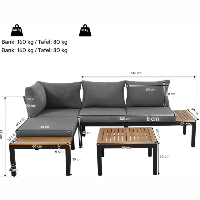 Happiq Tuinset loungeset – Voor tuin & terras – 2 dubbele zitplaatsen, 2 bijzettafels & 1 tafel, massief acaciatafelblad – Kleur 1 grey