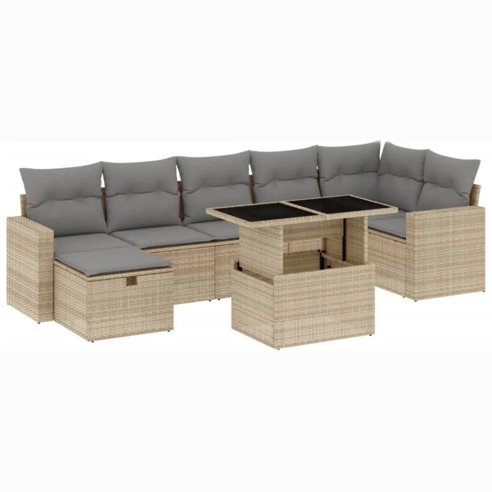 vidaXL 8-delige Loungeset met kussens poly rattan beige, foto 3