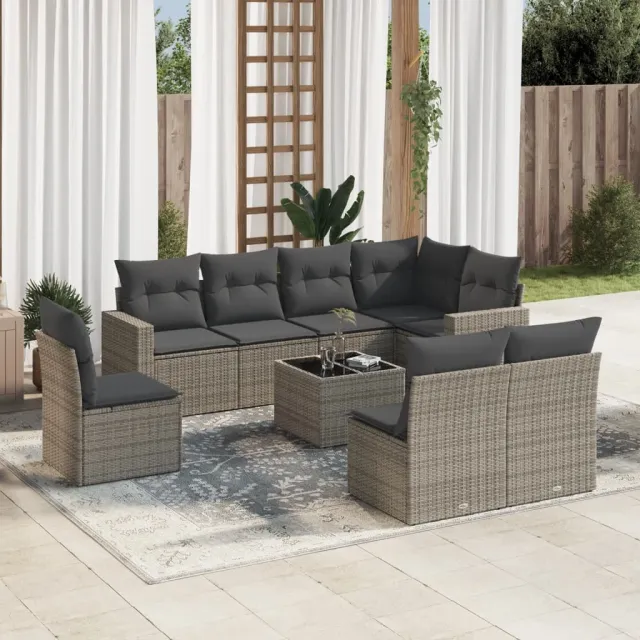 vidaXL 9-delige Loungeset met kussens poly rattan grijs, foto 2