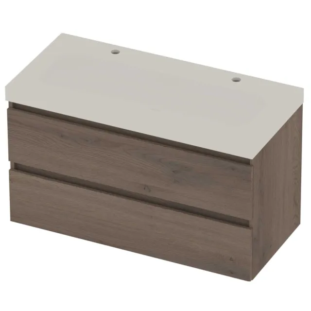 Basic-Line Moby 46 Badmeubelset Polystone 2 Kraangaten Greeploos 100x46x58 cm Dusk Oak Mat Wit