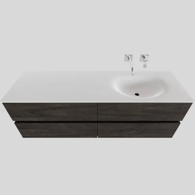Boss & Wessing Badkamermeubel Solid Surface BWS Stockholm 150x46 cm Rechts Wood Dark Brown 4 Laden (0 kraangaten) Houtlook