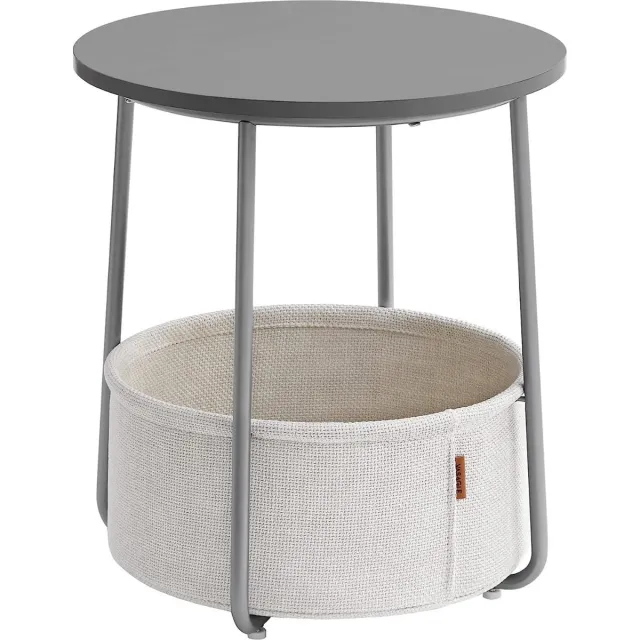 MAZAZU MIRA Home Bijzettafel Rond met Stoffen Mand - Tafeltje - Koffietafel - Hout - Grijs Beige Grijs en beige