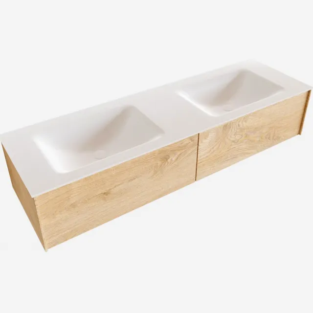 Boss & Wessing Badkamermeubel BWS Madrid Washed Oak 150x45x30 cm Mat Witte Solid Surface Wastafel Dubbel (2 lades, 2 kraangaten)