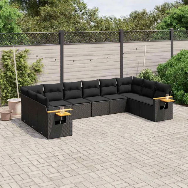 vidaXL 10-delige Loungeset met kussens poly rattan zwart, foto 2