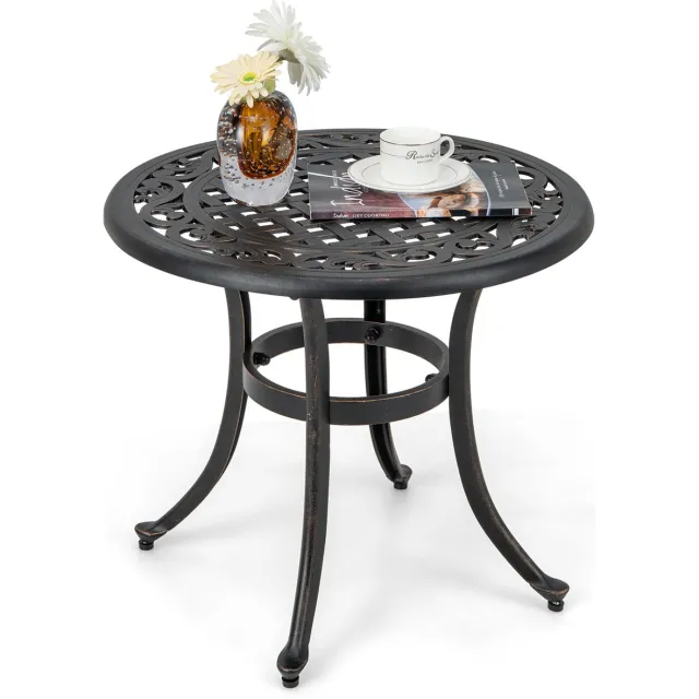 Costway Bijzettafel van gegoten aluminium, 60 x 60 x 53 cm, weerbestendige balkontafel met verstelbare voetkussens, ronde tuintafel voor tuin, achtertuin, balkon, antiek bruin