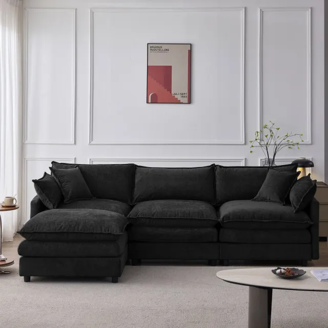 HAUSS SPOLE Hoekbank - Modulaire 3-Zits Met Hocker - Flexibele L-Vorm Voor Woonkamer En Lounge - Chenille - Zwart