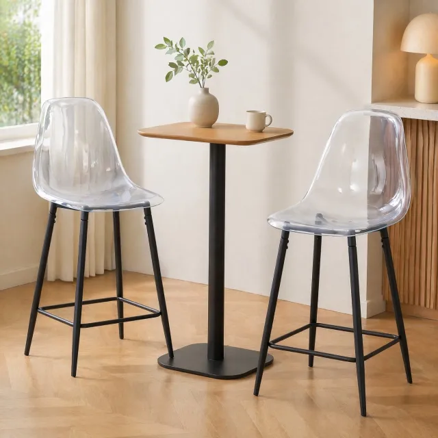 MEUNIQ transparante barkruk set van 2 met rugleuning en voetsteun, kunststof zitting en zwart metalen onderstel, moderne barstoelen voor keuken, bar of eetkamer