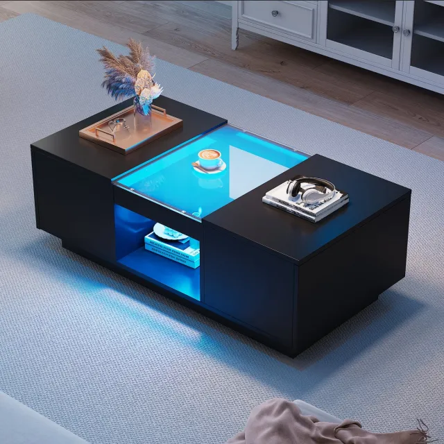 Clruro Salontafel - 100x50x35.5 cm - LED App en 2 Laden - Glasplaat en Open Vak - Glas en MDF - Zwart