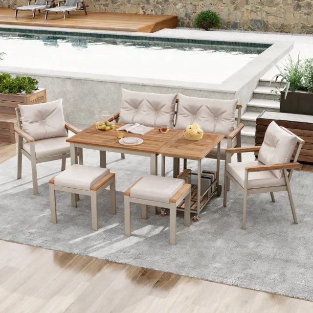 OKWISH Tuinset – 6-7-Persoons Eetset Met Afneembare Serveerwagen – Acaciahout En Metaal – Voor Terras En Tuin – Beige En Naturel