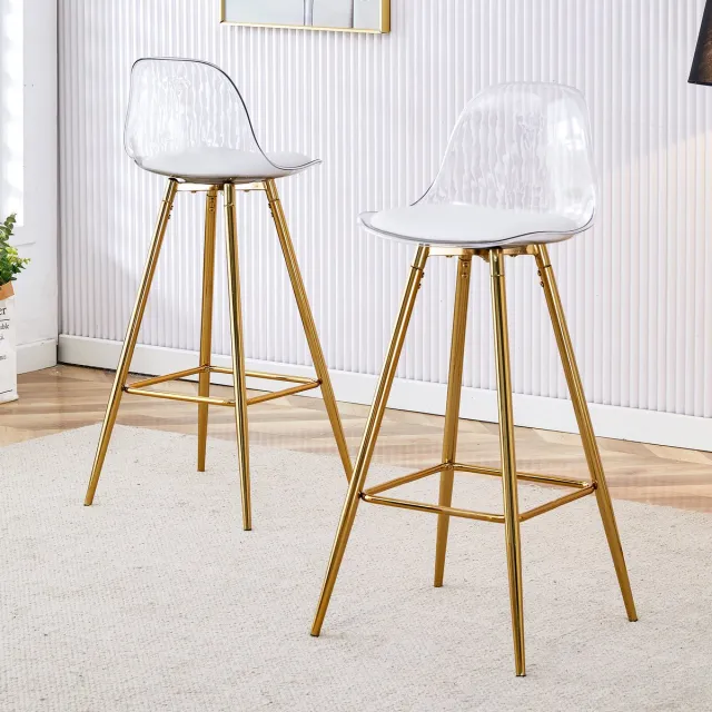 Wishdor Set Van 2 Barkrukken - Ergonomische Kuipzitting Met Rugleuning En Voetensteun - Modern Minimalistisch Ontwerp - Voor Keuken Of Bar - Met Stabiel Vierpootsonderstel - Metaal En Kunststof - Goud En Transparant Goud, Transparant