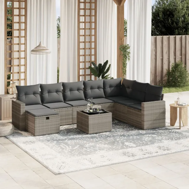 vidaXL 9-delige Loungeset met kussens poly rattan lichtgrijs grijs, foto 2