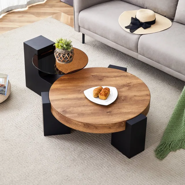 OKWISH Salontafelset Rond Met 2 Niveaus - Flexibel Te Gebruiken In Woonkamer Slaapkamer Balkon - Glas En MDF Zwart Houtlook - 61x30