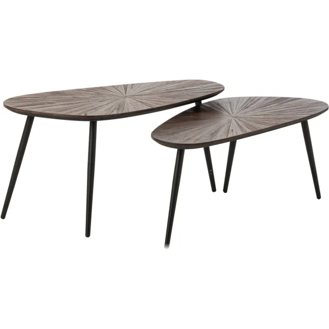 J-Line Ovale salontafels Ray - gerecycled hout - donkerbruin/zwart - set van 2