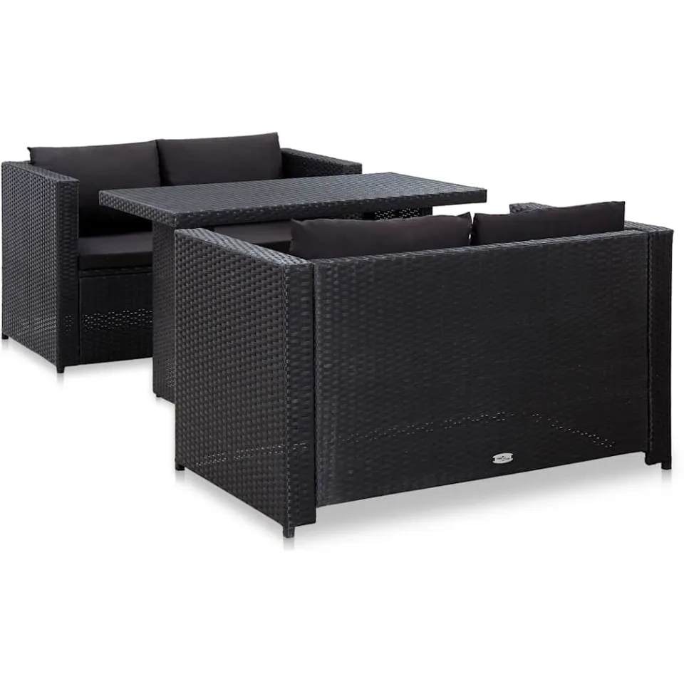 vidaXL 3-delige Loungeset met kussens poly rattan zwart, foto 2