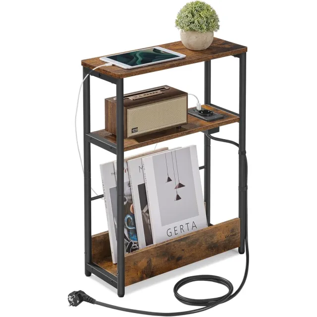 FurnStar Bijzettafel smal met oplaadfunctie – Nachtkastje – 3 planken & tijdschriftenhouder – Stalen frame – 18 x 45 x 58 cm – Vintage bruin-zwart Vintage bruin-inktzwart
