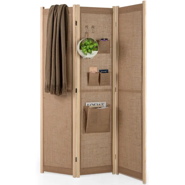 Costway Paravent 170 x 121 cm, ruimteverdeler met 2 haken, 1 grote en 3 kleine opbergvakken, 3-delige scheidingswand, inklapbaar, linnenlook, houten frame, inkijkbescherming voor binnen Beige