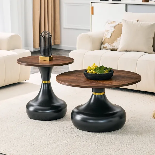 COVREO Salontafel set van 2 rond 70 cm walnoot, zwart metaal nestbaar Notenhout en zwart
