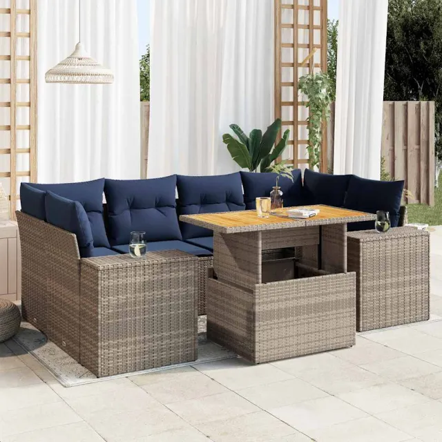vidaXL 7-delige Loungeset met kussens poly rattan grijs, foto 2